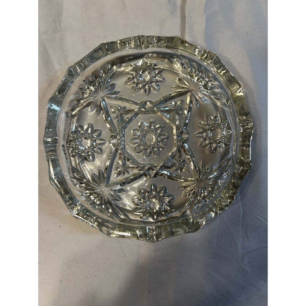 Vintage Clear Pressed Glass Starburst Ashtray Scalloped Edge Mid Century 7 inch